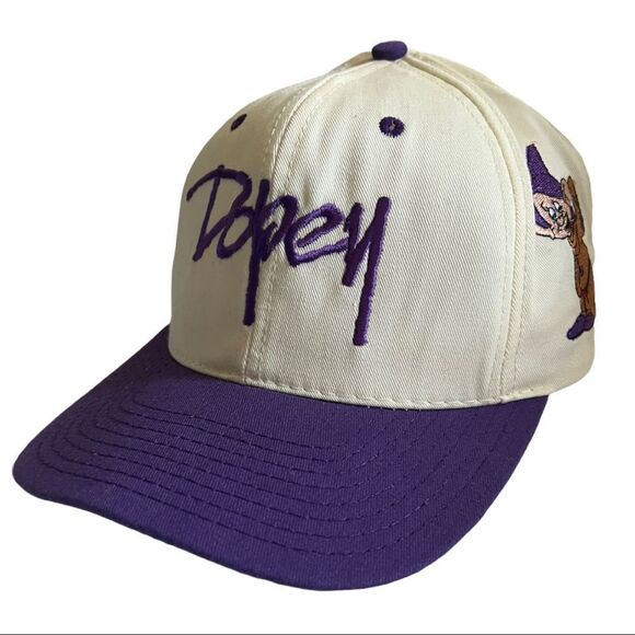 Vintage 90’s Rare Dopey SnapBack Hat or Cap from Disney Cream and Purple OS 